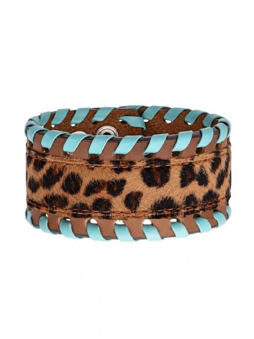 Leopard Print Leather Cuff Bracelet with Turquoise Braided Trim